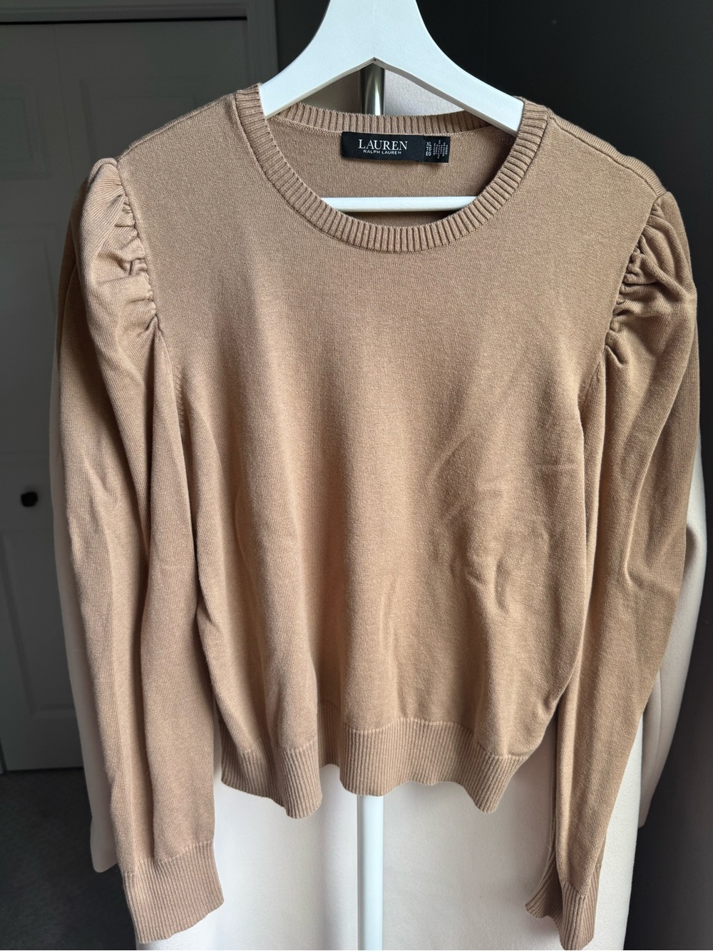 Ralph Lauren Tan Puff-Sleeve Cotton Crewneck Sweater